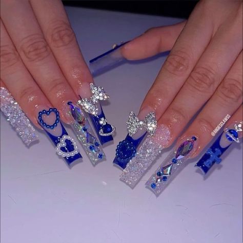 Blue Nail Designs Birthday, Dark Blue Nails With Gems, Blue Long Nails Acrylic, Blue Bling Nails Rhinestones, Royal Blue Quince Nails, Blue Birthday Nails, Prom Nails Blue, Blue Bling Nails, Blue Prom Nails