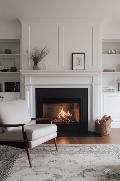 Built-In Around Fireplace: Elegant Solutions for Your Living Space - Quiet Minimal Mantle With Windows On Both Sides, Fireplace On Slanted Ceiling, Paneled Fireplace Surround, Natural Fireplace Mantel, White Fireplace Living Room Decor, Transitional Living Room Built Ins, Fireplace Wall With Slanted Ceiling, Living Room Corner Built Ins, Fireplace Ideas Simple