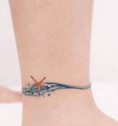 Nautical Ankle Tattoos For Women, Water Ankle Tattoo, Ocean Ankle Tattoos For Women, Small Sea Creature Tattoo, Ocean Ankle Tattoo, Women’s Wrist Tattoos, Ocean Wave Tattoos For Women, Tattoo Mar Ocean, Tattoo Ideas Ocean