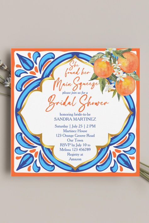 Her Main Squeeze bridal shower orange blue invitation template instant download, available as high quality print on variety of paper Blue And Orange Bridal Shower Ideas, Main Squeeze Bridal Shower Theme Orange, Orange Bridal Shower Ideas, Roka Decor, Blue Invitation Template, Yellow Party Themes, Blue Bridal Shower Themes, Chinoiserie Invitation, Orange Invitation