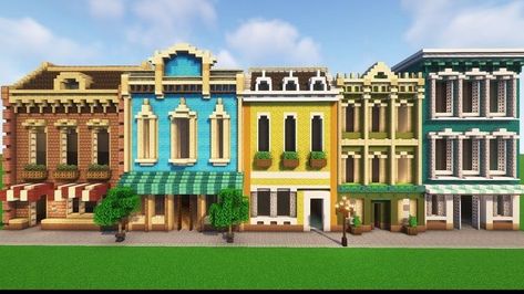 City Houses Minecraft, European Minecraft Builds, Townhouses Minecraft, Minecraft Shopping District, Minecraft City Street, Minecraft European City, Minecraft Brownstone, Minecraft Museum Ideas, Minecraft Shops Building