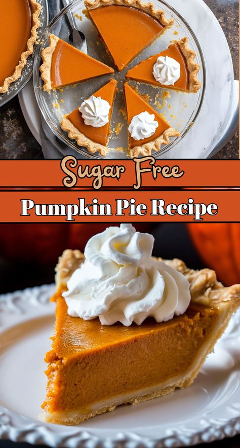 Two images of sugar-free pumpkin pie with text overlay Sugar Pumpkin Pie Recipe, Low Carb Thanksgiving Recipes, Sugar Free Pumpkin Pie, Sugar Free Pie, Classic Pumpkin Pie, Low Carb Pumpkin Pie, Low Sugar Desserts, Sugar Free Baking, Sugar Free Recipes Desserts