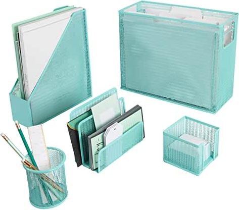 Girly Office Supplies, Aqua Office, Cute Office Desk Accessories, Teal Desk, Cute Desk Organization, Letter Sorter, Hanging File Organizer, Office Organization Files, Sticky Note Holder