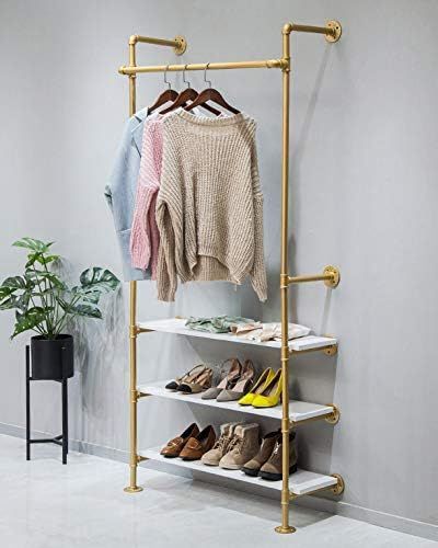 WGX Design For You Industrial Pipe Clothing Rack Wood Garment Rack Pipeline Vintage Rolling Rack On | Amazon (US) Clothing Rack Wood, Industrial Pipe Clothing Rack, Gold Clothes, Industrial Clothing Rack, Pipe Clothes Rack, Industrial Clothing, Rolling Rack, Teenage Boy Room, Industrial Pipe Shelves