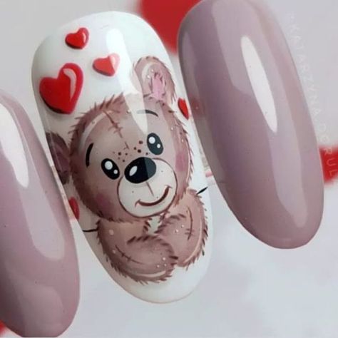 Teddy Bear Valentines Nails, St Valentine Nails, Teddy Bear Nail Designs, Cute Bear Nails, Teddy Bear Nails, Bear Nail Art, Anniversary Nails, Garage Door Ideas, Bear Nails