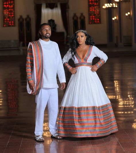 Wedding Dresses Men, Eritrean Wedding, Ethiopian Wedding Dress, Eritrean Dress, Couples African Outfits, Ethiopian Clothing, Ethiopian Traditional Dress, African Traditional Wear, Ethiopian Dress