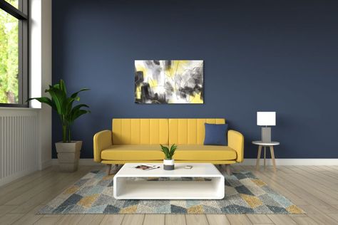 Dark Blue And Yellow Living Room, Basement Colours, Yellow Blue Decor, Yellow Couch Living Room Ideas, Color Couch, Blue And Yellow Living Room, Yellow Accent Walls, Yellow Couch, Dark Blue Living Room