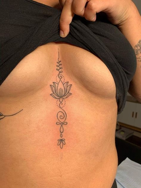 Tatoos Between The Chest, Tattoo Ideas Female Symbols, Chest Tattoos For Women Unique, Tattoo Ideas Female Middle Of Chest, Tattoo On Groin, Inner Chest Tattoos For Women, Female Sternum Tattoo Ideas, Side Stomach Tattoos Women Small, Inbetween Breast Tattoo Ideas