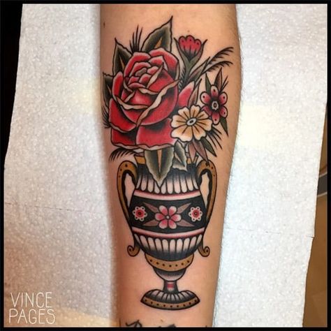 American Traditional Vase Tattoo, Vase Traditional Tattoo, Traditional Tattoo Vase, Tattoo Collage, Broken Vase, Traditional Tattoo Filler, Vase Tattoo, Traditional Vase, Trad Tattoos