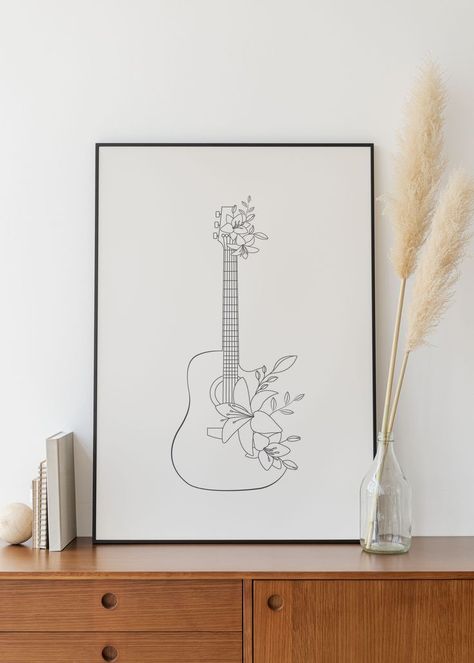 Flower Room Decoration, Line Art Music, Guitar Line Art, Instrument Drawing, Guitar Decorations, Music Sketch, Musical Instruments Drawing, Guitar Drawing, Mughal Art Paintings