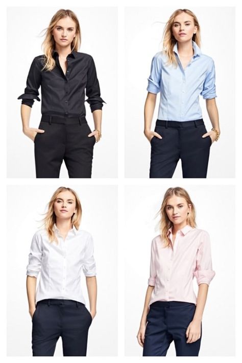 This classic non-iron dress shirt from Brooks Brothers has been around for years, so we have added it to our Workwear Hall of Fame! Shirt And Jeans Women, Iron Dress, Estilo Tomboy, Fashion Formal, Fitted Dress Shirts, Androgynous Fashion, Earn Extra Money, Workwear Fashion, Casual Work Outfits