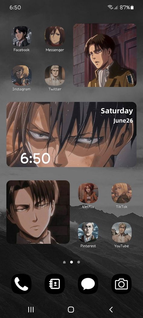 how to make your phone aesthetic 🌠 Attack On Titan theme ✨ full video tutorial in my YT channel // link in bio Cool Themes For Phone, Cute Themes For Mobile Phone, Anime Themes For Mobile Phone, Anime Theme Phone, Phone Aesthetic Ideas, Themes For Mobile Phone, Theme For Phone, Phone Wallpaper Themes, Aesthetic Phone Theme