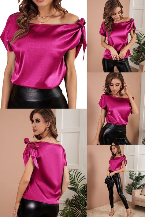 Elevate your wardrobe with the Verdusa Women's Off-Shoulder Satin Blouse. Crafted with premium materials, this blouse features a blend of 97% polyester and 3% elastane, ensuring a comfortable fit with a hint of stretch. The imported design showcases impeccable craftsmanship and attention to detail. Whether you're dressing up for a special occasion or adding a touch of sophistication to your daily attire, this blouse is a perfect choice. The one-shoulder neckline exudes elegance. Tops And Blouses For Women, Elegant Tops For Women, Satin Blouse Designs, Normal Design, Woman Blouses, Satin Tops, Tops Short Sleeve, Jeans Diy, Blouse Tops