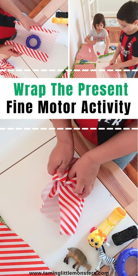 Wrap the Present Fine Motor Activity for Kids. Let preschoolers and kindergarteners practice gift wrapping. This is a fun way to develop fine motor skills this holiday season. #christmas #finemotor #preschool #kindergarten Montessori Christmas Activities Preschool, Preschool Christmas Fine Motor, Christmas Motor Skills Activities, Christmas Pre K Activities, Christmas Learning Activities Preschool, Fine Motor Christmas Activities, Christmas Fine Motor Activities, Christmas Activities Preschool, Christmas Activities For Kindergarten