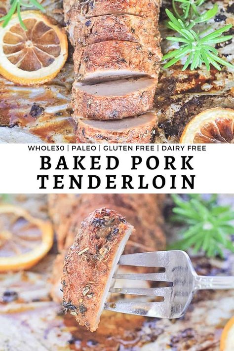 Baked Pork Tenderloin - Crispy on the outside, moist and juicy on the inside and full of flavor! This easy healthy sheet pan protein comes in clutch for weeknight family dinners! It's simply the BEST Baked Pork Tenderloin. Whole30, Paleo, Gluten Free, Dairy Free and Sugar Free. #finishedwithsalt #ovenporktenderloin #porktenderloin #whole30 #delicious #easy #bakedporktenderloin #bakedpork #meatdish #tendermeat #forthefamily #maindish #comfortfood | finishedwithsalt.com Paleo Pork Recipes, Healthy Sheet Pan, Healthy Pork Recipes, Baked Pork Tenderloin, Paleo Pork, Healthy Pork, Tenderloin Recipes, Carnivore Diet, Baked Pork