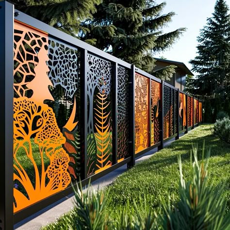 Metal Fence Design, Beautiful Fences, Grass Driveway, Beach Wall Murals, Modern Gate, Boundary Wall, Front Gate Design, Compound Wall, Fence Designs