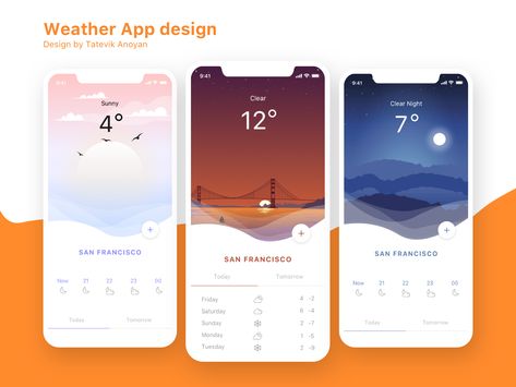 Weather app by Tatevik Anoyan Weather App Design, Music App Design, To Do App, Interaktives Design, Ui Design Mobile, Weather Design, Ui Ux 디자인, Android App Design, Ios App Design