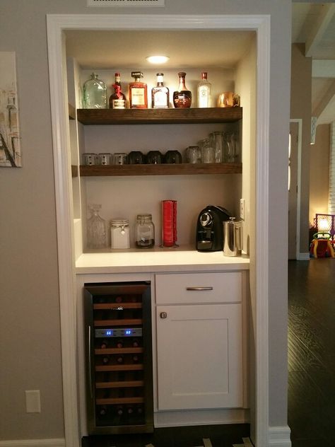 Wine and coffee bar for easy drinking morning and night! Turned an unused furnace room into a dry bar. Mini Coffee Bar Ideas, Mini Coffee Bar, Furnace Room, Wine And Coffee Bar, Coffee/wine Bar, Wine Closet, Closet Bar, Coffee Bar Ideas, Coffee Bar Design