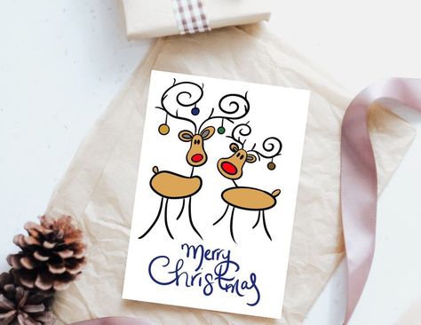 Stick Reindeer, Reindeer Christmas Cards, Hand Drawn Christmas Cards, Christmas Card Art, Christmas Card Crafts, Printable Christmas Cards, Christmas Cartoons, Christmas Cards To Make, Printable Christmas