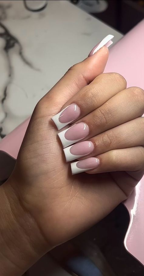 Short Medium Length Nails, Square Nails French, Short French Tip, Short French Tip Nails, Short French, Acrylic Toe Nails, Girly Acrylic Nails, French Tip Acrylic Nails, Dope Nail Designs