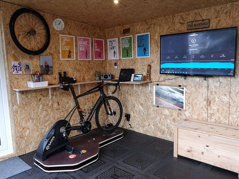 Let's see your paincave! - Equipment - TrainerRoad Bike Room Design, Corner Gym, Zwift Cycling, Bike Storage Apartment, Bicycle Trainer, Bicycle Room, Gear Room, Indoor Bike Trainer, Bicycle Diy