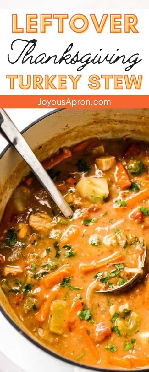 Turkey Stew - leftover turkey soup recipe! Combined with carrots, celery, tomatoes and potatoes for a healthy, warm and hearty meal. Comfort food for the body and soul! via @joyousapron Turkey Stew Recipes Leftover, Joyous Apron, Turkey Stew, Leftover Turkey Soup, Leftover Thanksgiving, Turkey Soup Recipe, Thanksgiving Turkey Leftovers, Leftovers Soup, Turkey Broth