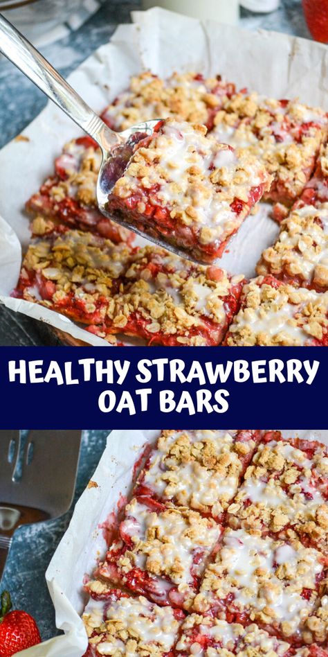 Healthier strawberry oat bars allow you to enjoy delicious breakfast bars with less guilt. Bursting with strawberries, these chewy oatmeal bars are a sweet way to start or end the day. #healthybars #healthy #healthyrecipe #recipe Strawberry Oat Bars, Strawberry Granola Bars, Oat Bars Recipe, Oatmeal Bars Healthy, Strawberry Oatmeal Bars, Strawberry Bars, Oatmeal Breakfast Bars, Strawberry Breakfast, Easy Dessert Recipes Quick