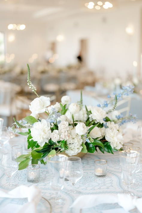 Blue Delphinium Arrangement, White And Blue Floral Centerpieces, Peony Table Arrangements, Blue And White Flowers Wedding, Hydrangea And Peony Centerpiece, Tweedia Bouquet, White And Blue Centerpieces, Blue White Wedding Flowers, Blue Floral Centerpieces