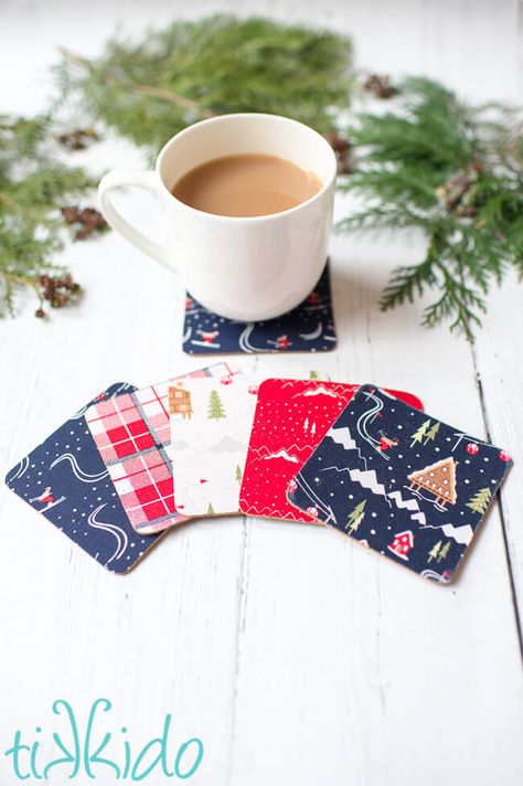 Easy DIY Coasters for Christmas | Tikkido.com Holiday Coasters, Parents Christmas, Coaster Crafts, Christian Crafts, Christmas Arts And Crafts, Christmas Giveaways, Fabric Coasters, Christmas Coasters, Festival Diy