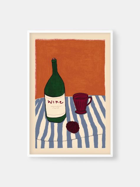 Enjoy this amazing poster that has a picture of wine and coffee on it. The strong print designs paired with eye-catching striped patterns and a beautiful mix of light red and green colors create a bright, classy charm. This poster with its lively and colorful illustrations brings a simple grace, making it ideal for any modern room. Easy Wine Painting, Red Wine Painting, Wine Illustration Design, Painting Date Night, Red Wine Art, Wine Paintings, Wine Bottle Painting, Gallary Wall, Simple Modern Art