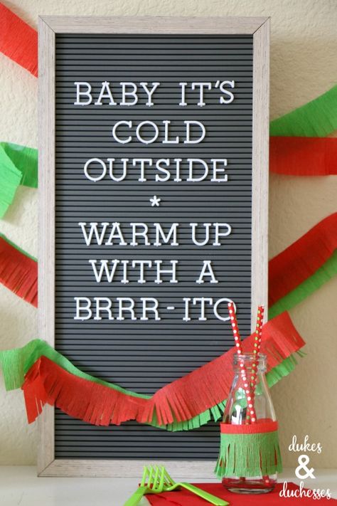 burrito bar holiday party idea Burrito Bar Party, Breakfast Burrito Bar, Staff Christmas Party Ideas, Feliz Navidad Party, Christmas Fiesta, Burrito Bar, Diy Breakfast, Work Christmas Party, Work Holiday Party