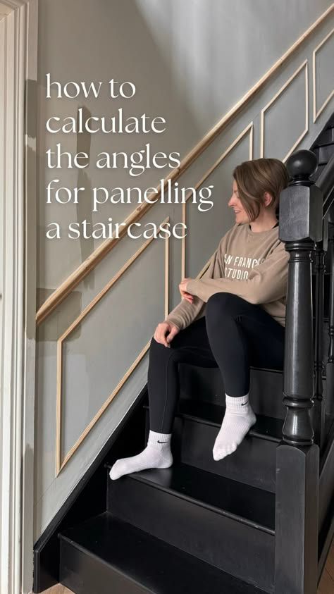 Georgina Raine | How to calculate the angles for panelling up your stairs 📐✏️ - I promise it’s really easy! • draw your panelling onto your wall (see… | Instagram Diy Stairs Panelling, Stairway Wall Treatments, Art Staircase Wall, Family Photo Staircase Wall, Stairs With Wainscotting, Panelling On Staircase, 2 Story Wall Paneling, Wainscoting Up Stairs, Stair Panelling With Handrail