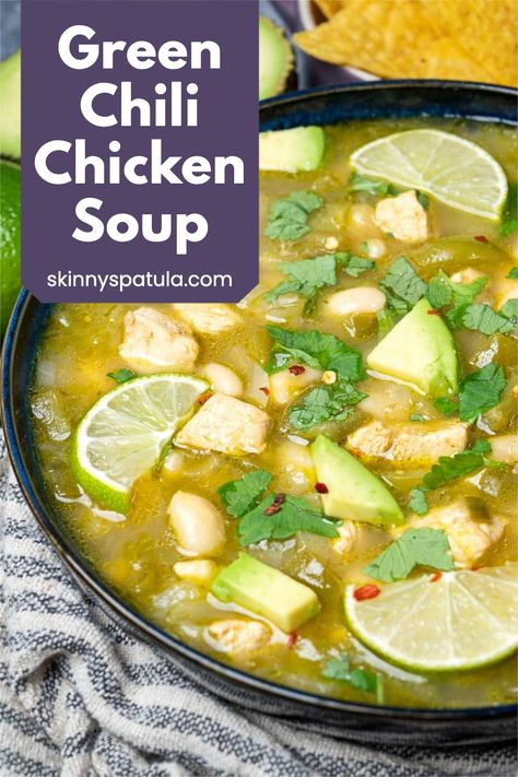 Green chili chicken soup is hearty and simply loaded with flavor! It's the perfect soup to try if you love Mexican flavors and spicy soups that warm you to your core. Green Chili Chicken Healthy, Healthy Green Enchilada Soup, Chicken Green Chili Soup Crock Pots, Green Chili Chicken Noodle Soup, Green Chili Chicken Rice Soup, Green Enchilada Chicken Soup Dairy Free, Green Chili Soup Crockpot, Green Salsa Soup, Chili Verde Soup Crockpot