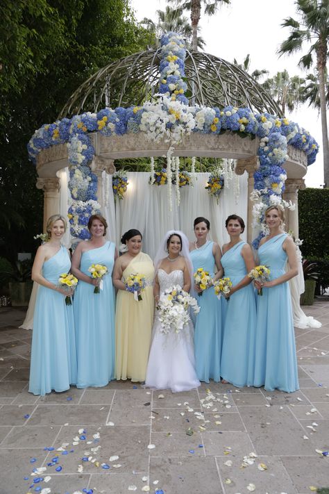 Lovely light blue and yellow bridesmaid dresses Dusty Blue And Yellow Bridesmaid Dresses, Light Blue And Yellow Bridesmaid Dresses, Blue And Yellow Bridesmaids, Blue And Yellow Bridesmaid Dresses, Light Blue And Yellow Wedding, China Blue Wedding, Light Yellow Weddings, Yellow White Wedding, Blue Yellow Weddings