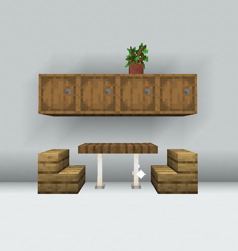 Simple Minecraft Decor, Minecraft Small Furniture Ideas, Survival Kitchen Minecraft, Spruce Kitchen Minecraft, Minecraft Tables And Chairs, Minecraft Table And Chairs Ideas, Minecraft Chair And Table Ideas, Tiny Kitchen Minecraft, Minecraft Small Dining Table