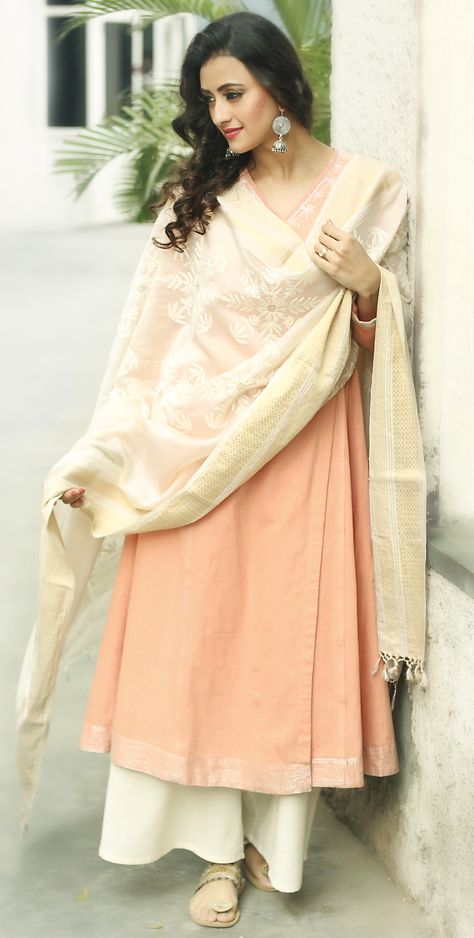 #chikankari #SummerLights #dupatta #peach #kurta #wrap-around #womenswear #women #fashion #palazzo #summer #dressy #sterling #silver #earrings #Fabindia Salwar Kamiz, Indian Couture, Indian Wedding Outfits, Indian Attire, Manish, Desi Fashion, Abaya Fashion, Everyday Outfit, Pakistani Fashion