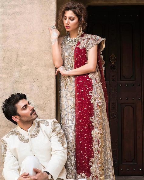 Fawad Khan Mahira Khan’s photoshoot for Sfkbridals. Latest Pakistani Bridal Dresses, Mahira Khan Wedding, Fawad Khan, Bridal Makeup Wedding, Mahira Khan, Desi Clothes, Gold Snowflake, Pakistani Bridal Dresses, Pakistani Wedding Dresses