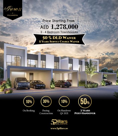 La Rosa - II at Villanova by #dubaiproperties  Live the best of community living at La Rosa 2, spacious 3 & 4 bedroom townhouses surrounded by swimming pools, play & recreational areas and relaxing green spaces for a laid-back and relaxed lifestyle.  Starting from: AED 1,278,000  ✔️ 10% On Booking ✔️ 30% During Construction ✔️ 10% On Handover Q4 2021 ✔️ 50% 3-Years Post-Handover Payment Plan  🌟 5 Years Free Service Charges 🌟 50% DLD Fee Paid by DP  👉sales@5pillars.ae Relaxed Lifestyle, Visual Advertising, Graphic Design Posters Layout, Dubai Houses, Real Estate Marketing Design, Real Estate Advertising, Real Estate Ads, Real Estates Design, Community Living