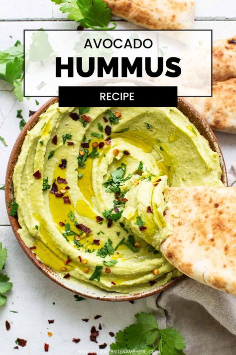 Creamy and rich avocado hummus is the perfect snack or dip. Made with ripe avocados, chickpeas, tahini, spices, and a splash of lime juice, this recipe is like hummus and guacamole all in one! Avacodo Hummus, Mediterranean Board, Pistachio Hummus, Chickpea Hummus Recipe, Avocado Hummus Recipe, Avocado Pizza, Lentil Hummus, Avocado Dip Recipe, Easy Hummus Recipe