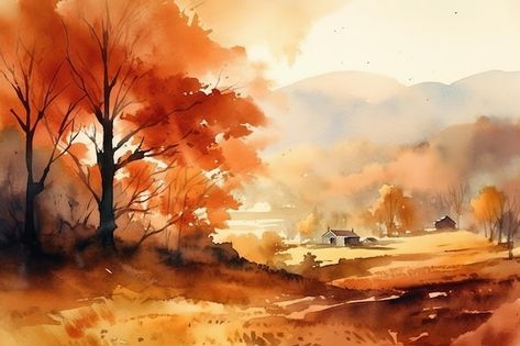 Watercolour Autumn Landscape, Watercolor Art Professional, Autumn Forest Watercolor, Watercolor Autumn Painting, Autumn Watercolor Landscapes, Autumn Watercolor Paintings, Fall Landscape Watercolor, Autumn Watercolour, Watercolor Landscape Tutorial