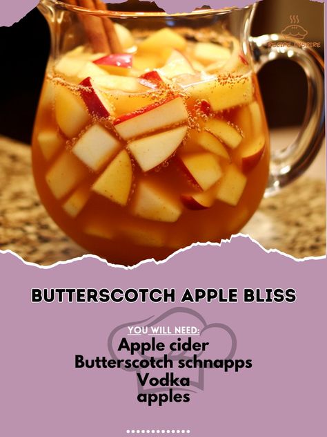 🍎🍬 Treat yourself to fall's ultimate dessert cocktail with Butterscotch Apple Bliss – a true indulgence! #ButterscotchBliss #AutumnDelight Butterscotch Apple Bliss Ingredients: Apple cider (2 cups) Butterscotch schnapps (1/2 cup) Vodka (1/4 cup) Sliced apples (1) Ground cinnamon (1/2 tsp) Ice (as needed) Instructions: In a pitcher, combine apple cider, butterscotch schnapps, and vodka. Add sliced apples and ground cinnamon. Stir well and chill for 1-2 hours. Serve over ice. Sip on sweet p... Apple Cider And Butterscotch Schnapps, Butterscotch Schnapps Recipes, Drinks With Butterscotch Schnapps, Butterscotch Schnapps Drinks, Cider Alcohol Drinks, Apple Cider Alcohol, Butterscotch Cocktail, Fall Drinks Alcohol, Apple Schnapps