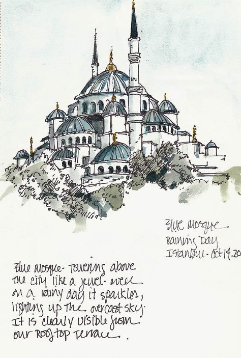 Blue Mosque Mosque Drawing, Art Arabe, City Sketch, Mosque Art, Building Sketch, Watercolor Architecture, Blue Mosque, Architecture History, Architecture Drawing Art