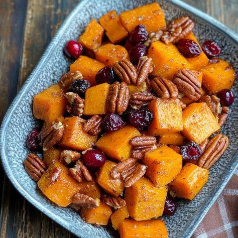 Roasted Butternut Squash with Cranberries and Pecans Roasting Frozen Butternut Squash, Roasted Butternut Squash Recipes, Seasoning For Butternut Squash, Butternut Squash Crockpot, Squash Crockpot, Butternut Squash With Cranberries, Butternut Squash Recipes Roasted, Butternut Squash Cinnamon, Winter Squash Recipes