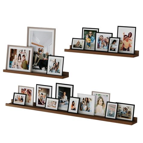 Picture Ledge Living Room, Book Display Shelf, Book Ledge, Picture Ledge Shelf, Floating Bookshelves, Picture Ledge, Picture Frame Decor, Art Frames, Beautiful Memories