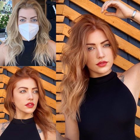 Transition From Blonde To Red Hair, Blonde Hair To Auburn Hair Before And After, Copper Red To Blonde Balayage, Copper Tones In Blonde Hair, Copper Blonde Bayalage, Red Hair On Blond Hair, Copper Blonde With Dark Roots, Adding Red To Blonde Hair, Blonde To Copper Before And After