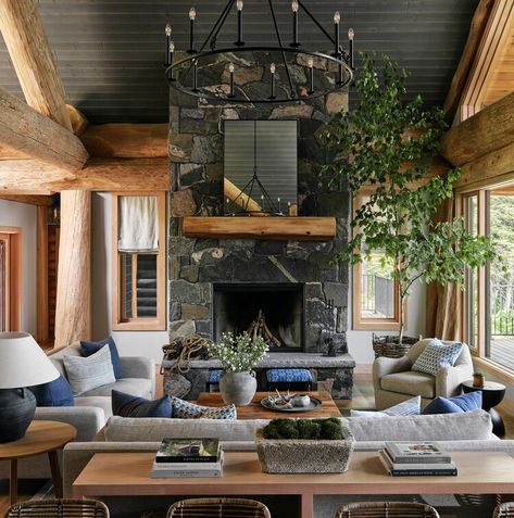 Inviting Interiors Warm Up a Canadian Log Home — Better Homes & Gardens Half Log Interior Walls, Log Cabin Homes Interior, Log Cabins Interiors, Cabin On Lake, Log Cabin Interior Design, Canadian Decor, Cabin Homes Interior, Inviting Interiors, French Colonial Style