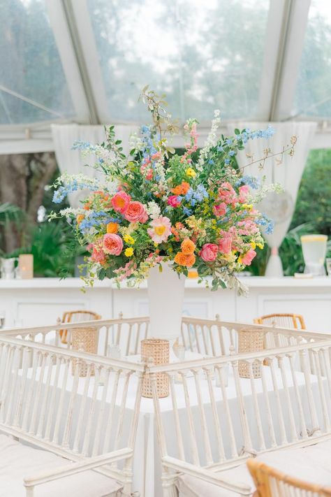 Wedding Centerpieces High And Low, Floral Arch Colorful, Big Flower Arrangements Wedding, Garden Party Wedding Reception Decoration, Floral Tent Entrance, Colorful Flowers For Wedding, Colorful Flower Arch Wedding, Spring Wedding Flower Arch, Colorful Florals Wedding