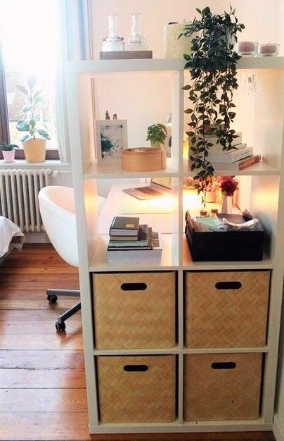 Future Bedroom Ideas, Ikea Kallax Shelf, Room Divider Ideas, Ikea Kallax Regal, Divider Ideas, Cozy Desk, Kallax Shelf, Desk Areas, Kallax Ikea