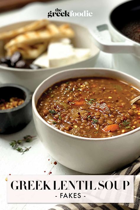 This Greek lentil soup - fakes recipe is easy to make with few ingredients and is a hearty and comforting meal for the whole family. #lentilsoup #fakes via @The Greek Foodie Greek Lentil Soup Recipe, Greek Lentil Soup, Greek Soup, Best Lentil Soup Recipe, Greek Chickpeas, Lentil Soup Recipe, Chickpea Soup, Lentil Soup Recipes, Yummy Mummy