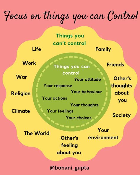 In stressful situations, we try to control our environment, other people or the things around us that are not in our control to handle the stress. But, it won't help because we can't change what we can't control. Instead, focus on what you can control. Handling Stressful Situations, How To Handle Stressful Situations, Things You Can Control, Sauce Quotes, What Can I Control, Circle Of Control, Art 101, Support Quotes, Systems Theory